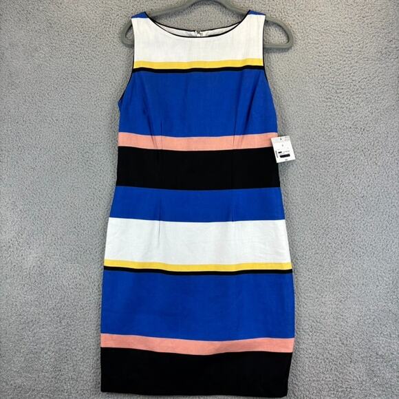 Liz Claiborne Linen Dress Sz 4 Old Money Career Natural Stripe Colorblock Sheath - Picture 2 of 12